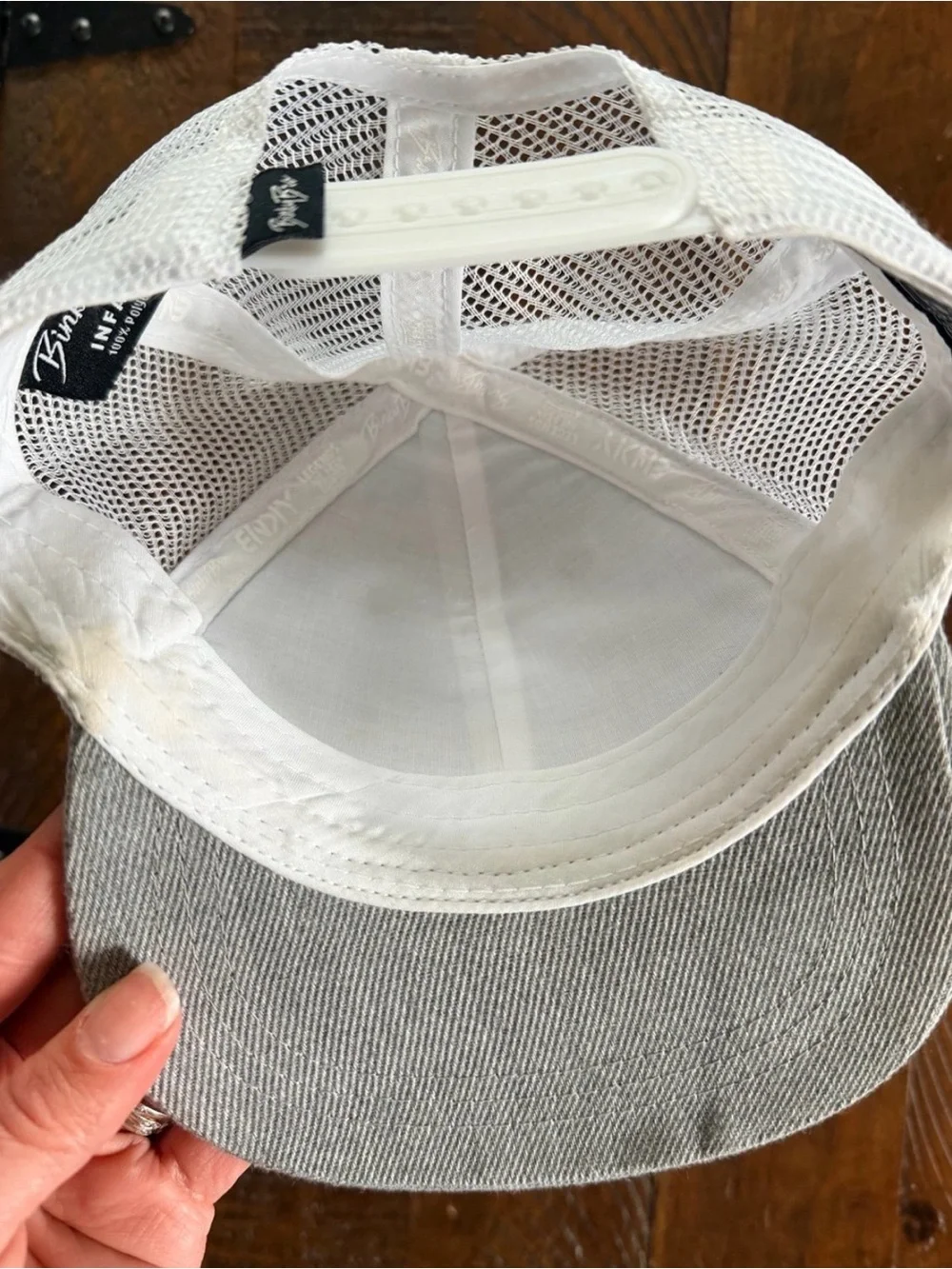 Two Infant Binky Bro Patch Trucker Hats - Black/Suede and Gray/White